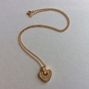 Vintage Signed Avon Heart Rhinestone Pendant And Necklace Gold Tone